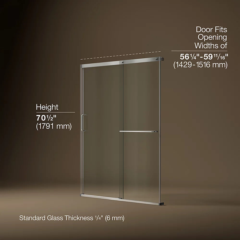 Kohler Elate® Sliding shower door (56.3" - 59.6" W x 70.5" H) with 1/4" (6mm) thick Crystal Clear glass in Matte Nickel