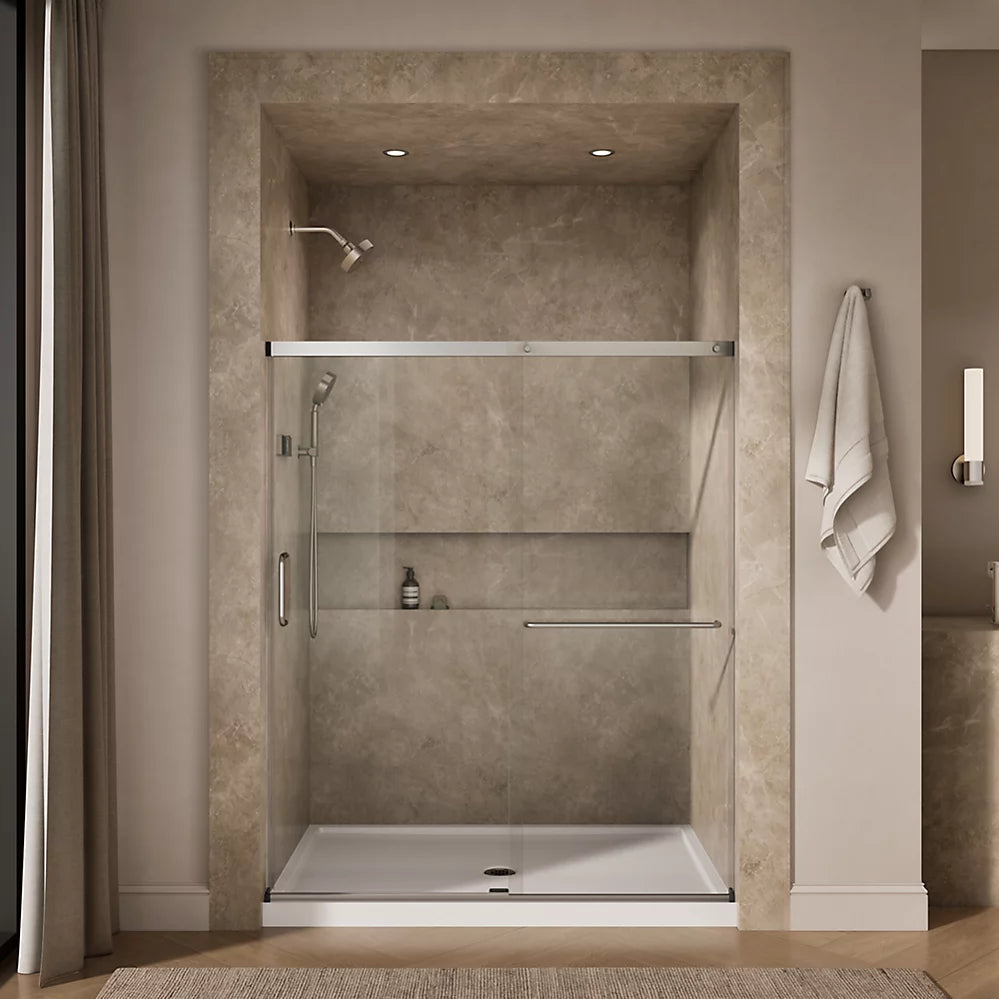 Kohler Elate® Sliding shower door (56.3" - 59.6" W x 70.5" H) with 1/4" (6mm) thick Crystal Clear glass in Matte Nickel