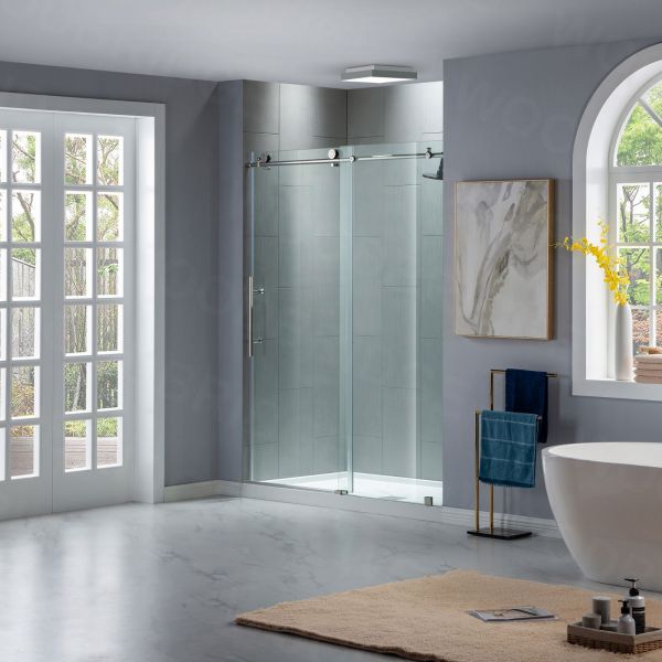 Woodbridge Frameless (60"W × 76"H) Clear Tempered Glass Shower Door - Brushed Nickel Finish