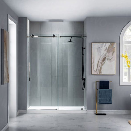 Woodbridge Frameless (60"W × 76"H) Clear Tempered Glass Shower Door - Brushed Nickel Finish