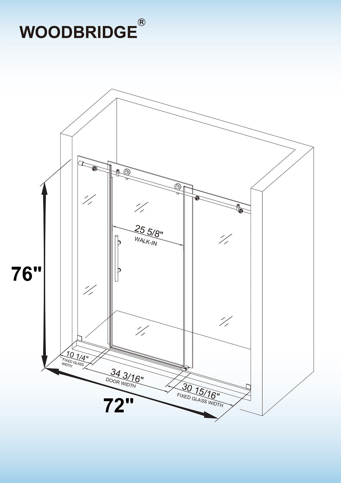 Woodbridge Frameless (72"W × 76"H) Clear Tempered Glass Shower Door