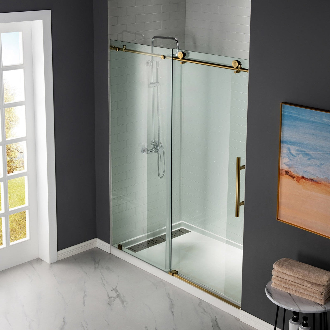 Woodbridge Frameless (60"W × 76"H) Clear Tempered Glass Shower Door - Brushed Nickel Finish