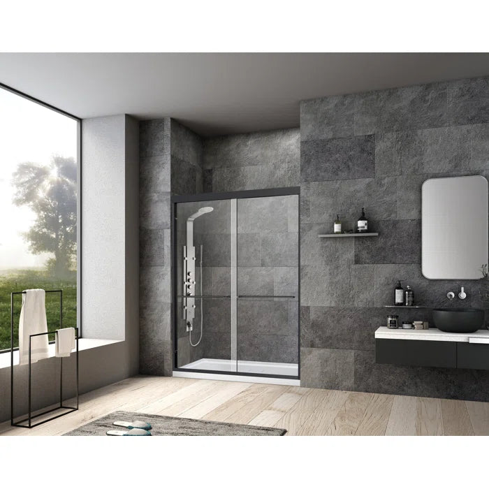 Vanity Art Framed Bypass Single Sliding Glass Barn (60"W x 76"H) 2 Ways Shower Doors - Matte Black Finish