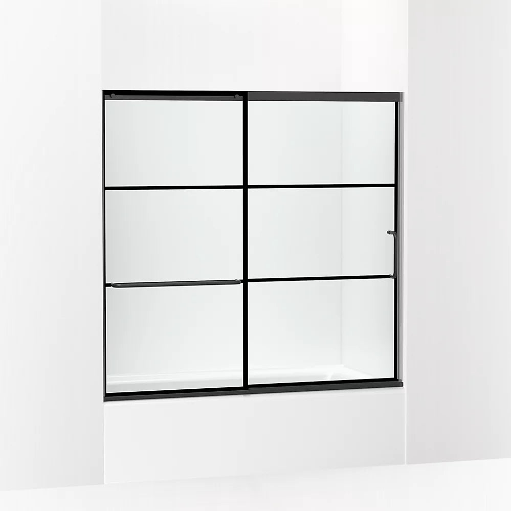 Kohler Elate® Sliding Bath door (56.3" - 59.6" W x 56.8" H) with 1/4" (6mm) thick glass with Rectangular Grille Pattern in Matte Black