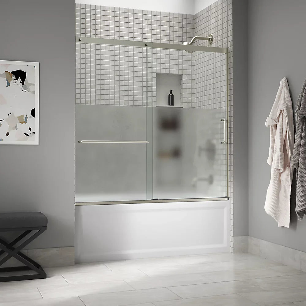 Kohler Elate® Sliding Bath door (56.3" - 59.6" W x 56.8" H) with heavy 5/16" (8mm) thick Crystal Clear glass with Privacy Band in Matte Nickel