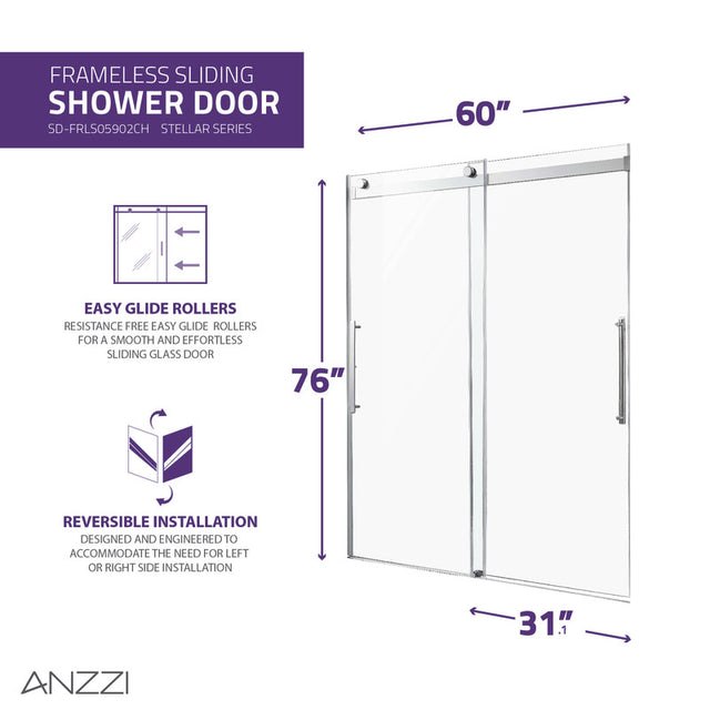 Anzzi Stellar Series Frameless Sliding (60"W x 76"H) Shower Door with Handle