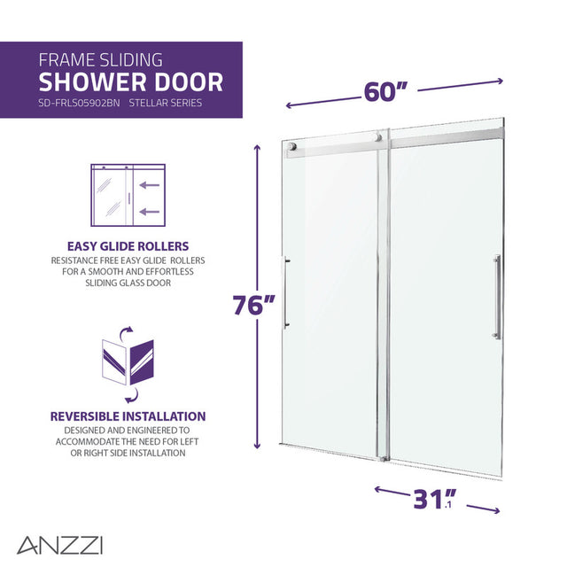 Anzzi Stellar Series Frameless Sliding (60"W x 76"H) Shower Door with Handle