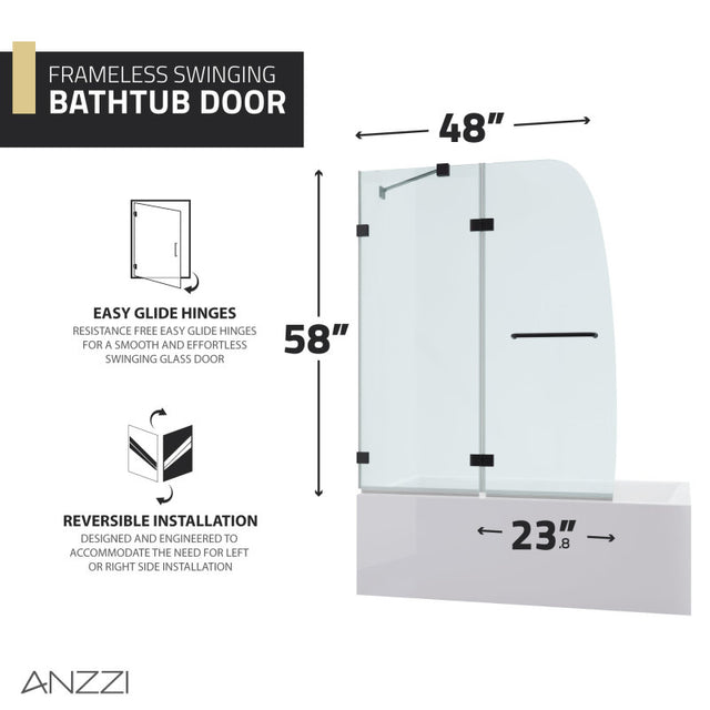Anzzi Pacific Series Frameless Hinged (48"W x 58"H) Tub Door