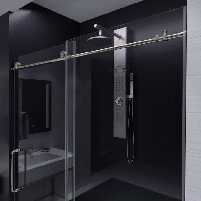 Anzzi Lone Series Frameless Sliding Shower Door(60"W x 76"H) in Brushed Nickel with Handle