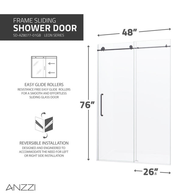 Anzzi Leon Series Frameless Sliding Shower Door (48" W x 76" H) with Handle