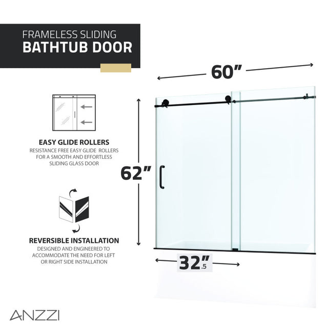 Anzzi Raymore Series Frameless Sliding Tub Door (60" W x 62" H) in Crystal Clear glass