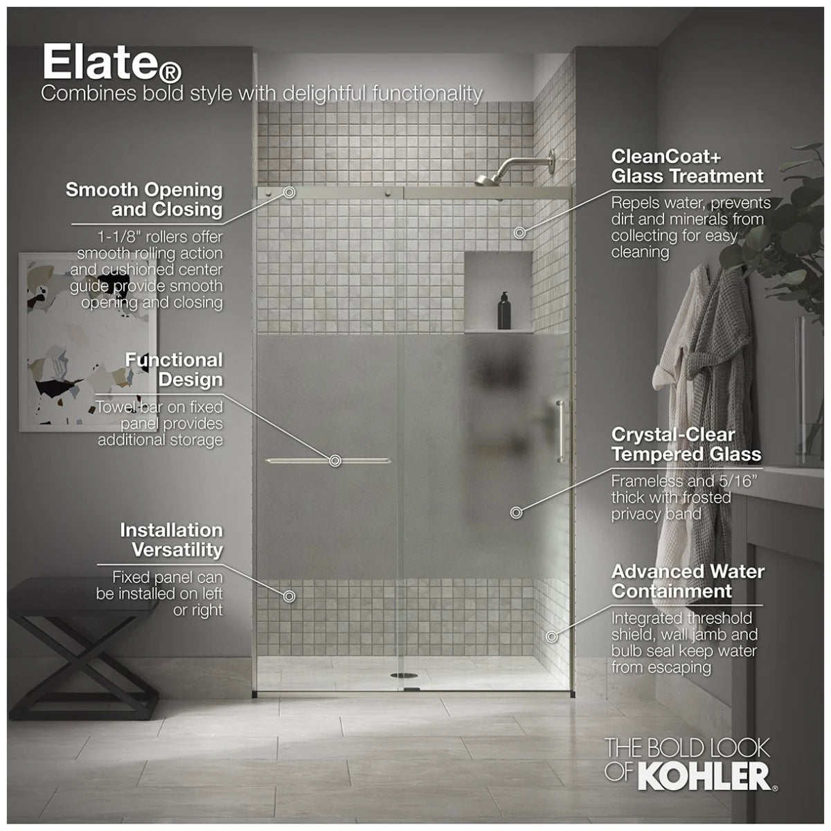 Kohler Elate® Sliding Bath door (56.3" - 59.6" W x 56.8" H) with heavy 5/16" (8mm) thick Crystal Clear glass with Privacy Band