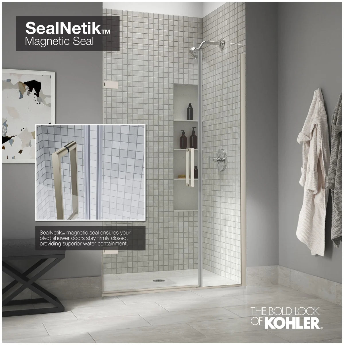 Kohler Composed™ Frameless Pivot shower door (39.6" - 40.4" W x 71.6" H) with 3/8" (10mm) thick Crystal Clear glass