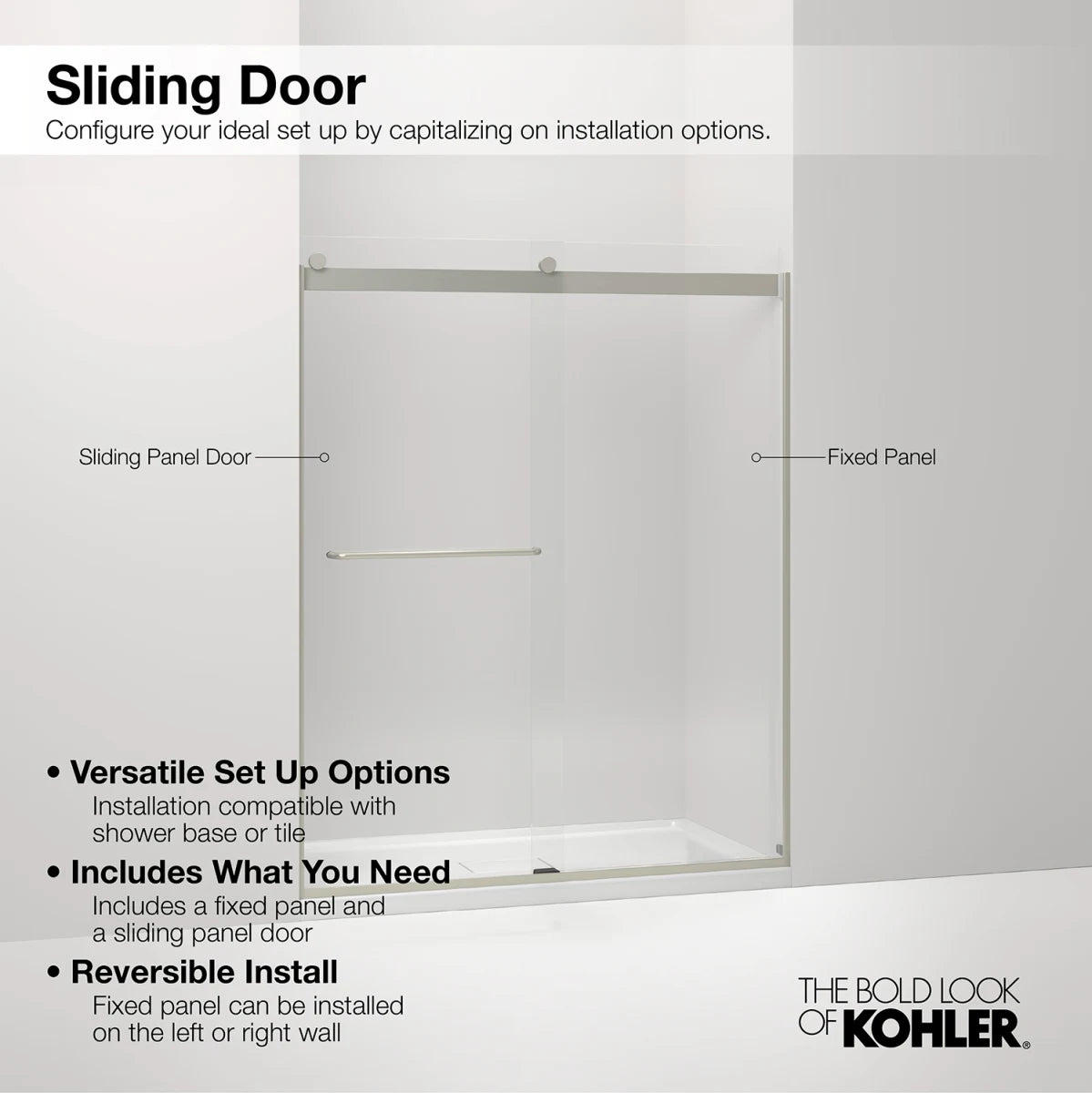 Kohler Elate® Sliding shower door (50.3" - 53.6" W x 75.5" H) with heavy 5/16" (8mm) thick Crystal Clear glass with privacy band