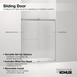 Kohler Elate® Sliding shower door (50.3" - 53.6" W x 75.5" H) with heavy 5/16" (8mm) thick Crystal Clear glass with privacy band