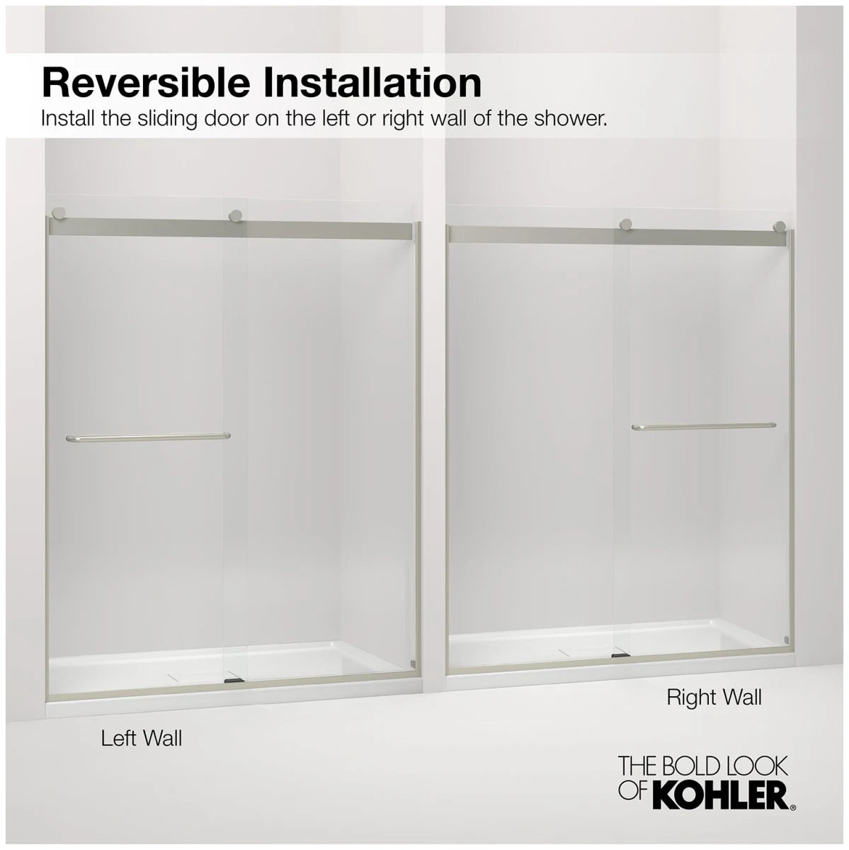 Kohler Elate® Sliding shower door (50.3" - 53.6" W x 75.5" H) with heavy 5/16" (8mm) thick Crystal Clear glass with privacy band