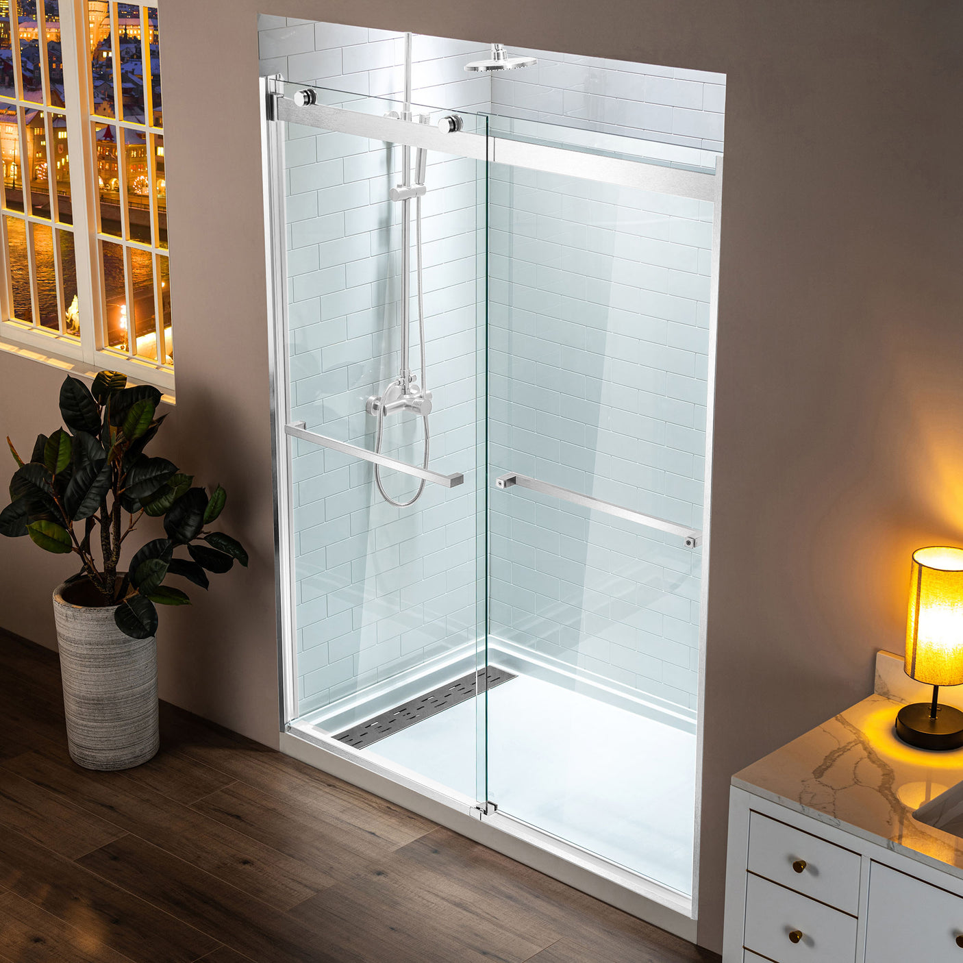 Woodbridge 2 Way Opening and Double Sliding (48"W x 76"H x 5/16") Frameless Tempered Glass Shower Door