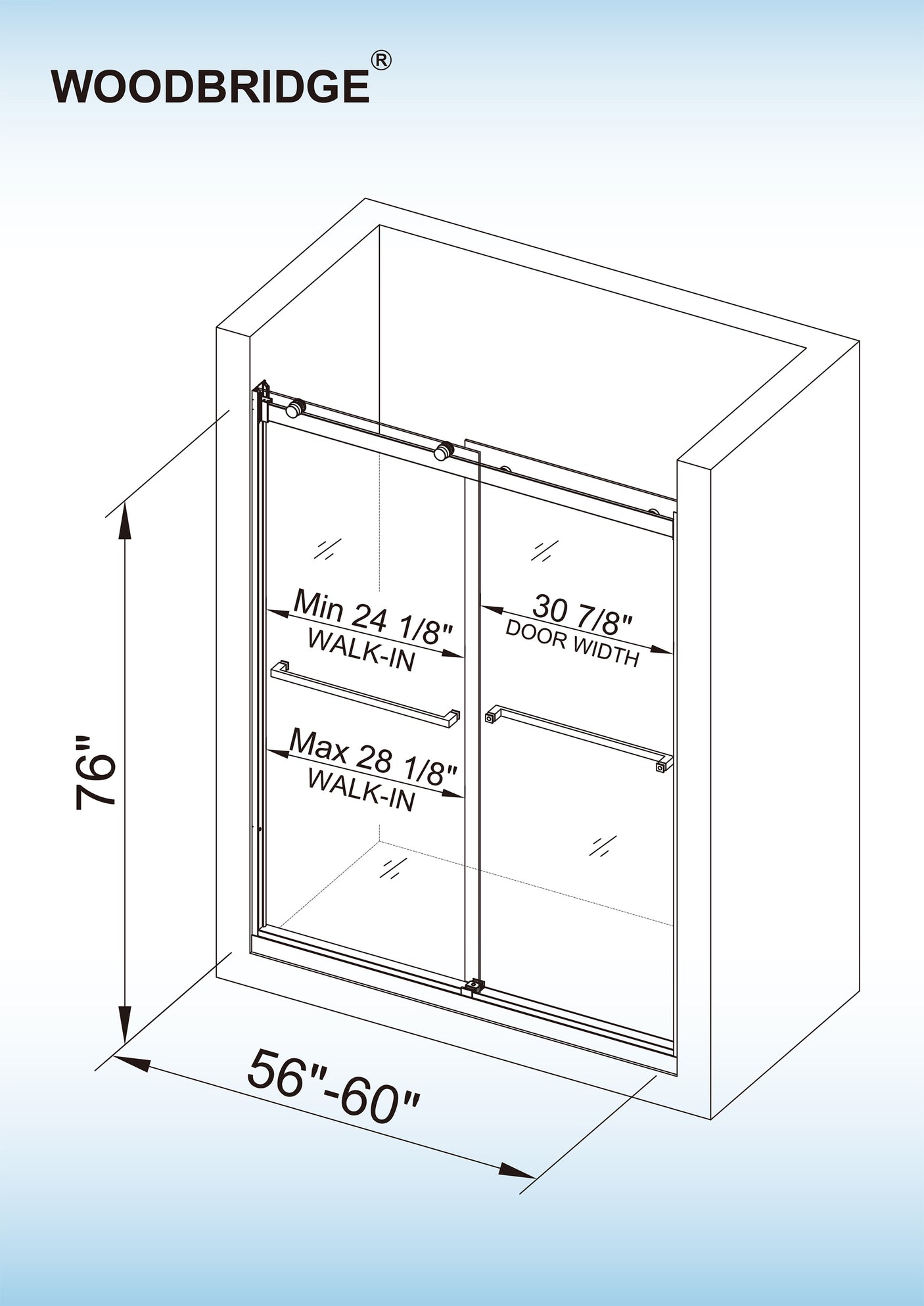 Woodbridge 2 Way Opening and Double Sliding (60"W x 76"H x 5/16") Frameless Bathtub Tempered Glass Shower Door