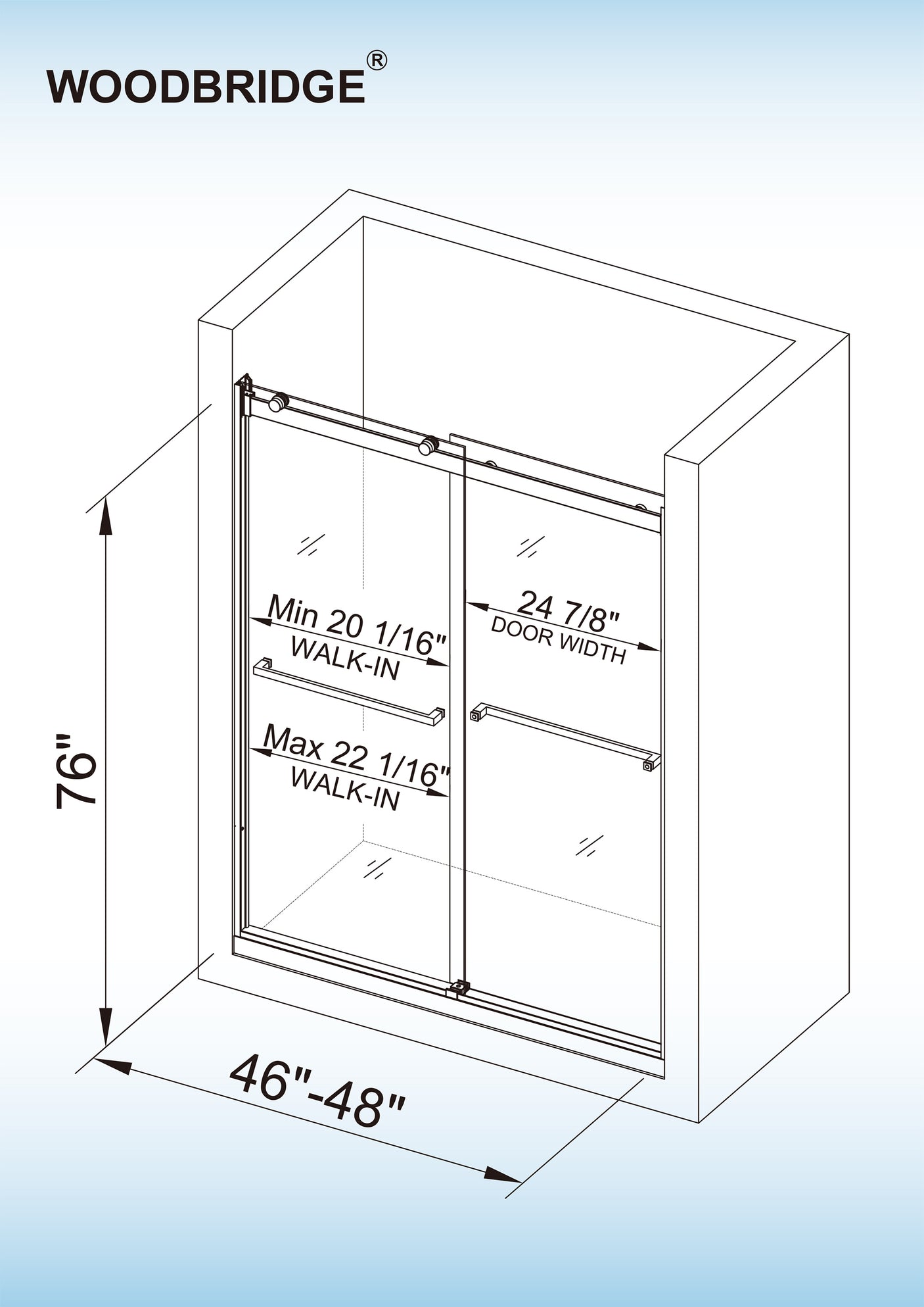 Woodbridge 2 Way Opening and Double Sliding (48"W x 76"H x 5/16") Frameless Tempered Glass Shower Door