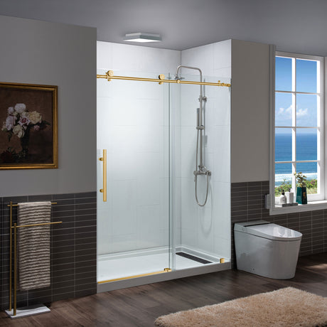 Woodbridge Frameless (60"W × 76"H) Clear Tempered Glass Shower Door with Soft Close Systems - Brushed Gold Finish