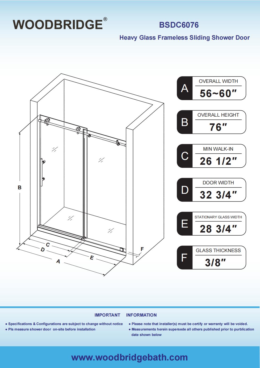 Woodbridge Frameless (60"W × 76"H) Clear Tempered Glass Shower Door with Soft Close System