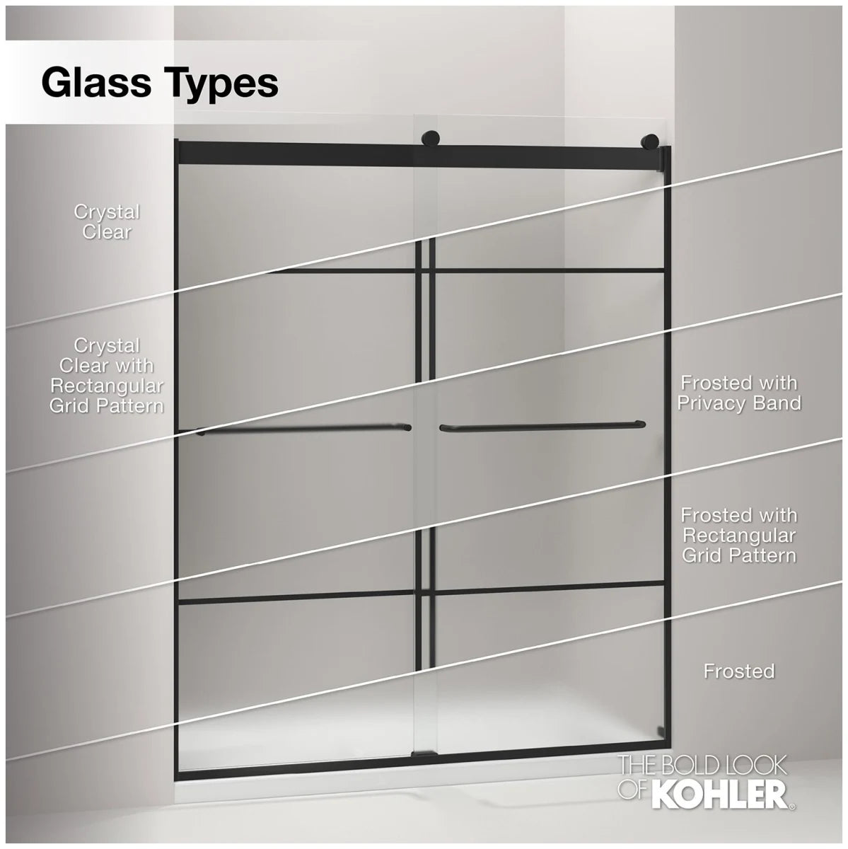 Kohler Elate® Sliding shower door (44.3" - 47.6" W x 75.5" H) with heavy 5/16" (8mm) thick Crystal Clear glass with privacy band