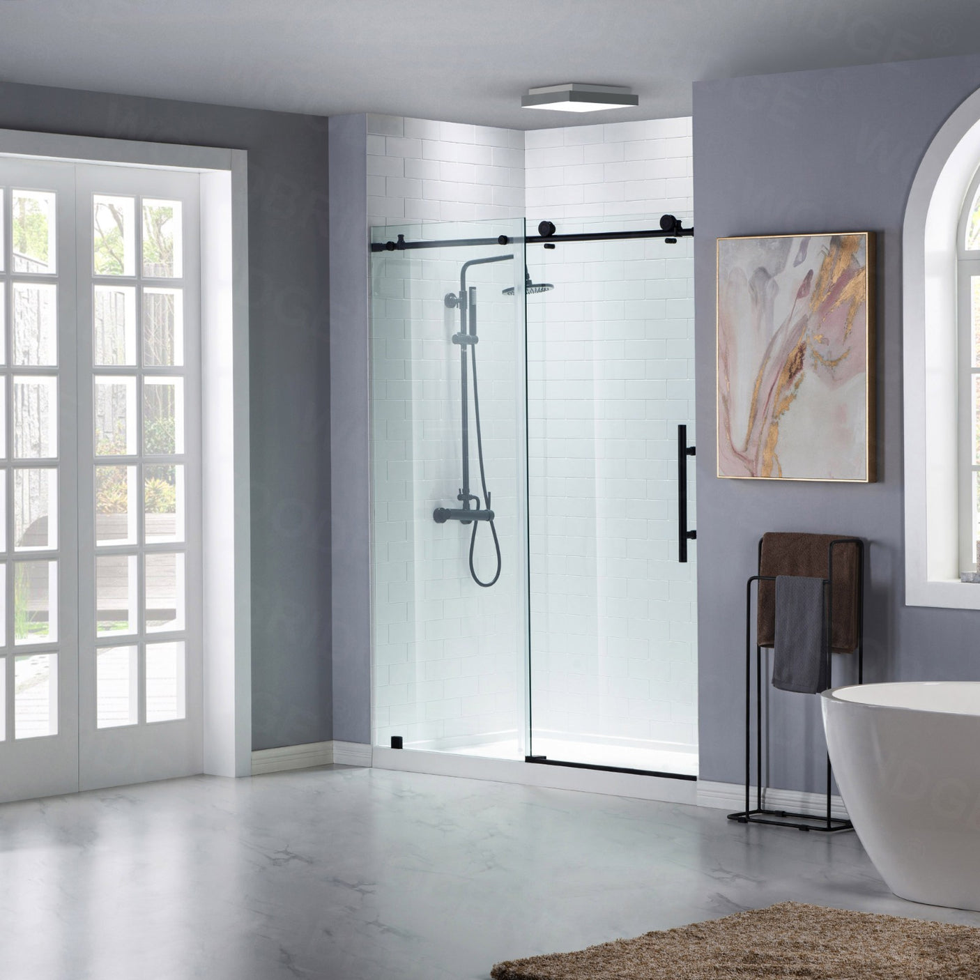 Woodbridge Frameless (44-48"W × 76"H) Clear Tempered Glass Shower Door - Matte Black Finish