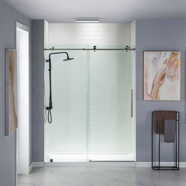 Woodbridge Frameless (44-48"W × 76"H) Clear Tempered Glass Shower Door - Brushed Nickel Finish