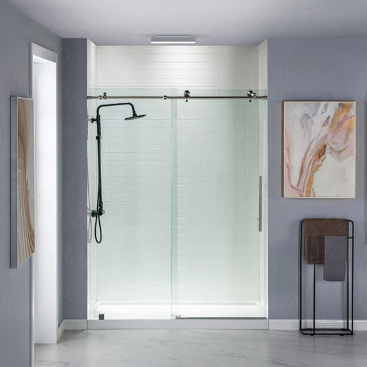 Woodbridge Frameless (60"W × 62"H) Clear Tempered Glass Shower Door - Brushed Nickel Finish
