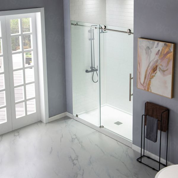 Woodbridge Frameless (44-48"W × 76"H) Clear Tempered Glass Shower Door - Brushed Nickel Finish