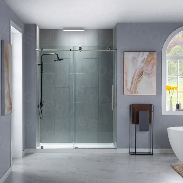 Woodbridge Frameless (60"W × 76"H) Clear Tempered Glass Shower Door with Soft Close System - Brushed Nickel Finish