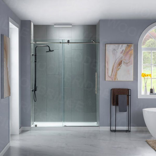 Woodbridge Frameless (44-48"W × 76"H) Clear Tempered Glass Shower Door - Brushed Nickel Finish