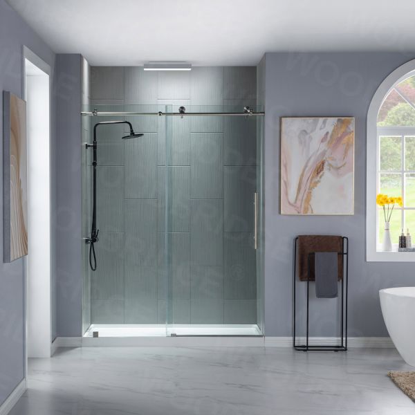 Woodbridge Frameless (44-48W × 76H) Clear Tempered Glass Shower Door - Brushed Nickel Finish