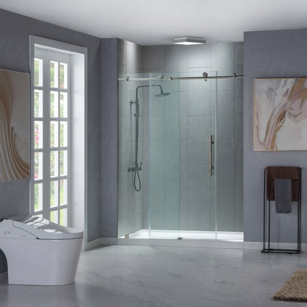 Woodbridge Frameless (60"W × 62"H) Clear Tempered Glass Shower Door - Brushed Nickel Finish