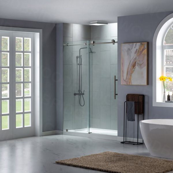 Woodbridge Frameless (60"W × 76"H) Clear Tempered Glass Shower Door with Soft Close System - Brushed Nickel Finish