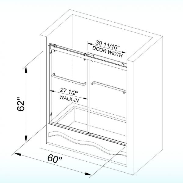 Woodbridge 2 Way Opening and Double Sliding (60"W x 62"H x 3/8"in) Frameless Bathtub Tempered Glass Shower Door - Brushed Nickel Finish