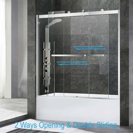 Woodbridge 2 Way Opening and Double Sliding (60"W x 62"H x 3/8"in) Frameless Bathtub Tempered Glass Shower Door - Brushed Nickel Finish