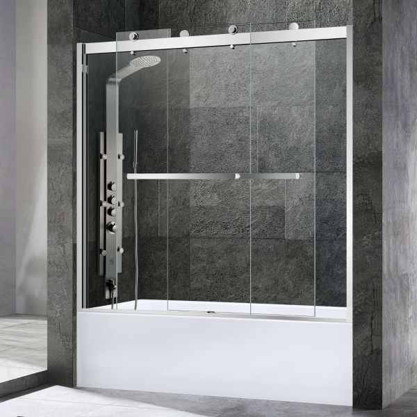 Woodbridge 2 Way Opening and Double Sliding (60"W x 62"H x 3/8"in) Frameless Bathtub Tempered Glass Shower Door - Brushed Nickel Finish