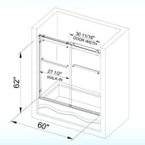 Woodbridge 2 Way Opening and Double Sliding (60"W x 62"H x 3/8"in) Frameless Bathtub Tempered Glass Shower Door