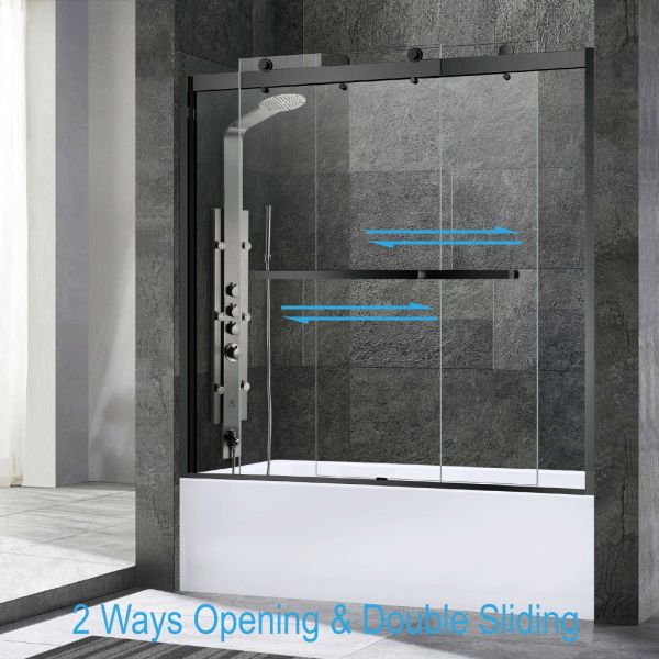 Woodbridge 2 Way Opening and Double Sliding (60"W x 62"H x 3/8"in) Frameless Bathtub Tempered Glass Shower Door - Matte Black Finish