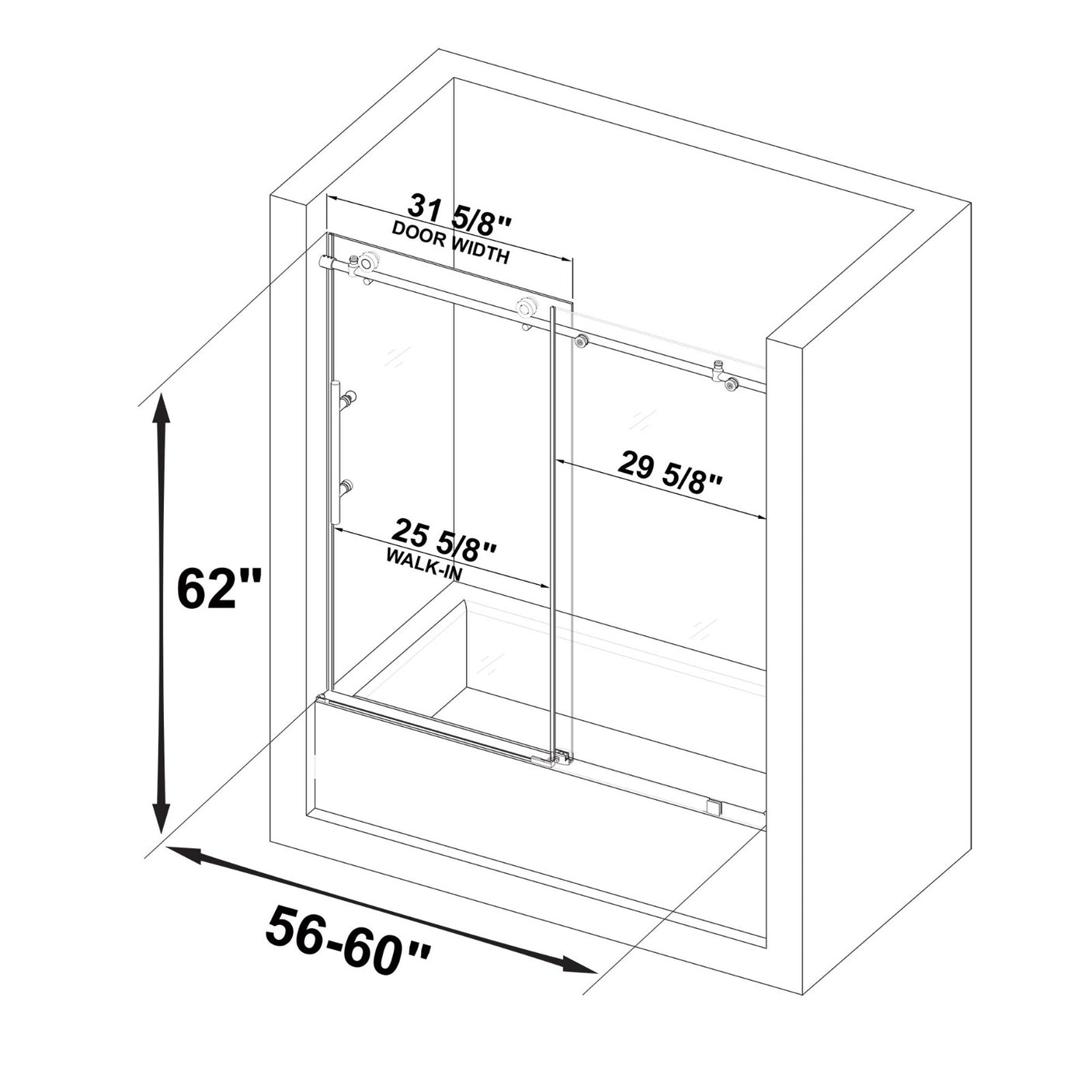 Woodbridge Frameless (60"W × 62"H) Clear Tempered Glass Shower Door - Matte Black Finish