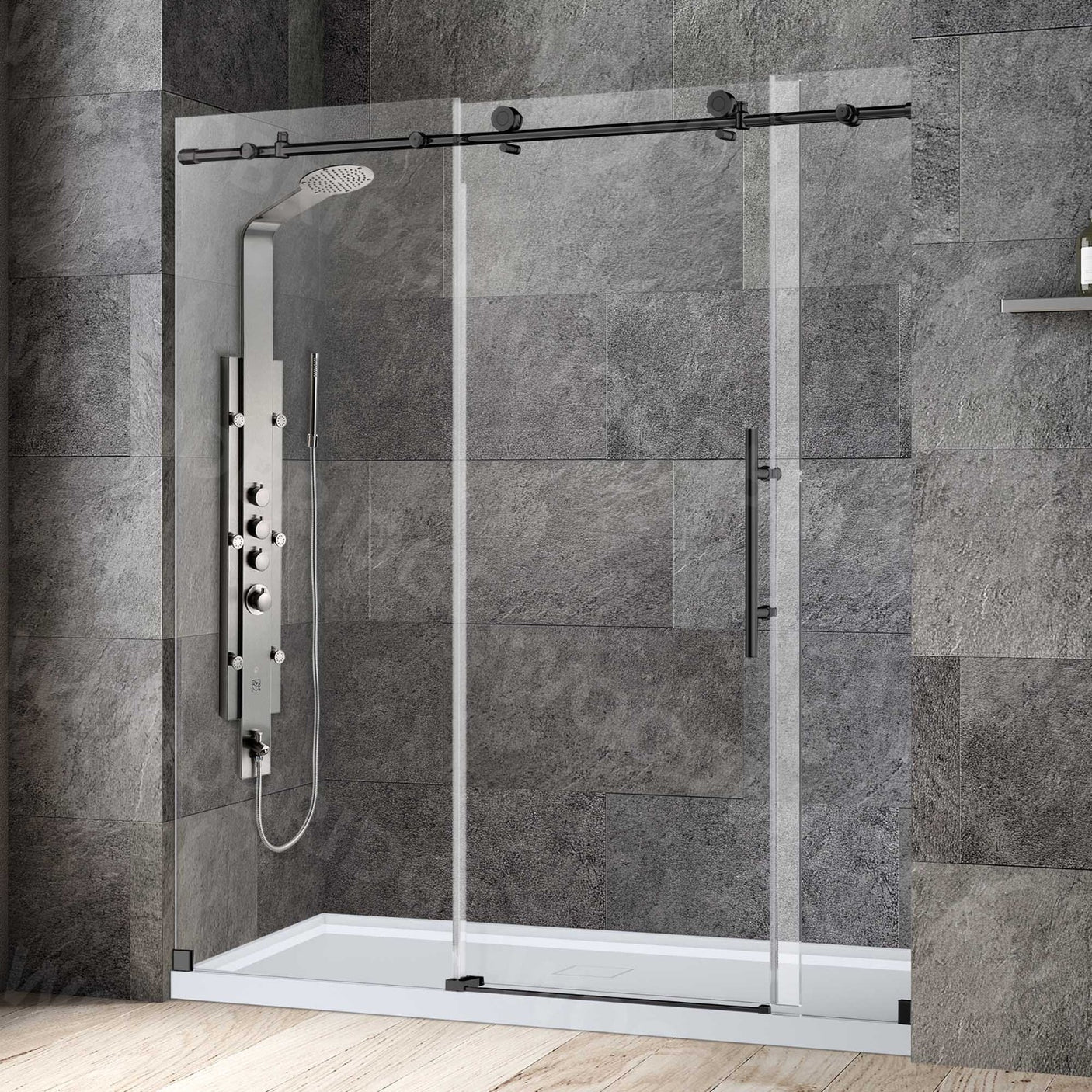 Woodbridge Frameless (72"W × 76"H) Clear Tempered Glass Shower Door - Matte Black Finish