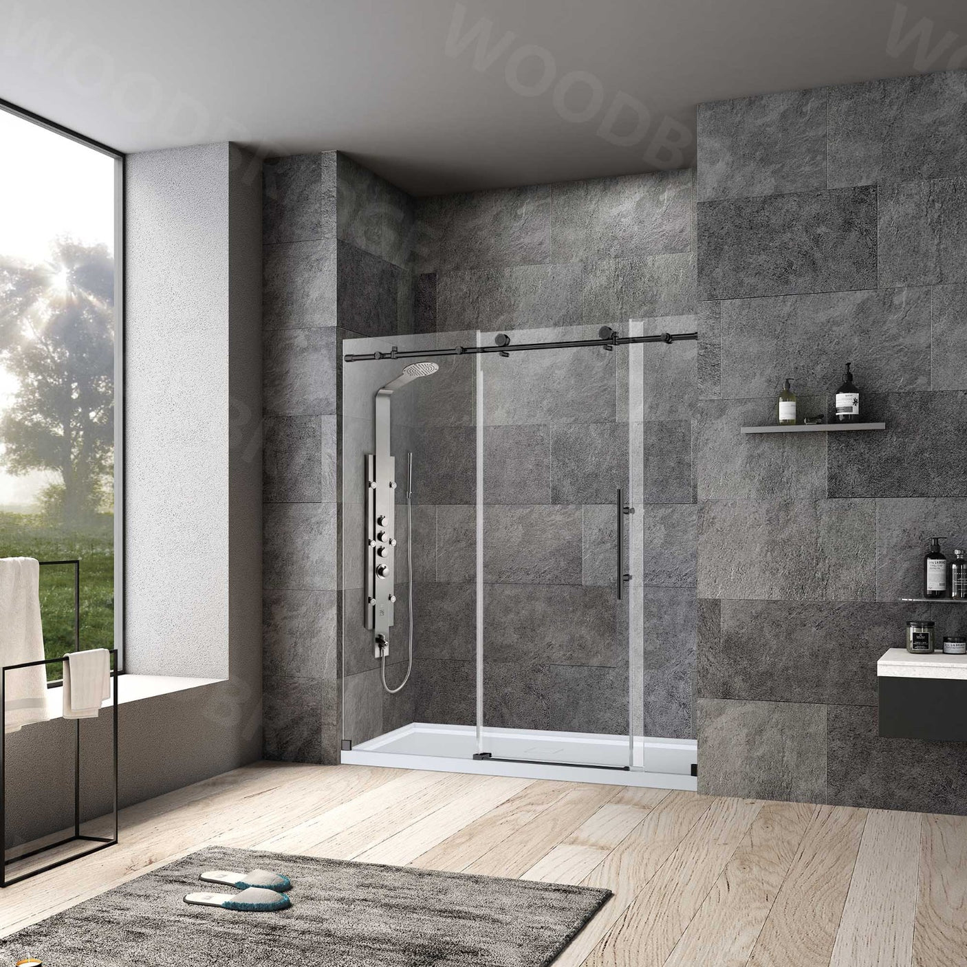 Woodbridge Frameless (72"W × 76"H) Clear Tempered Glass Shower Door - Matte Black Finish