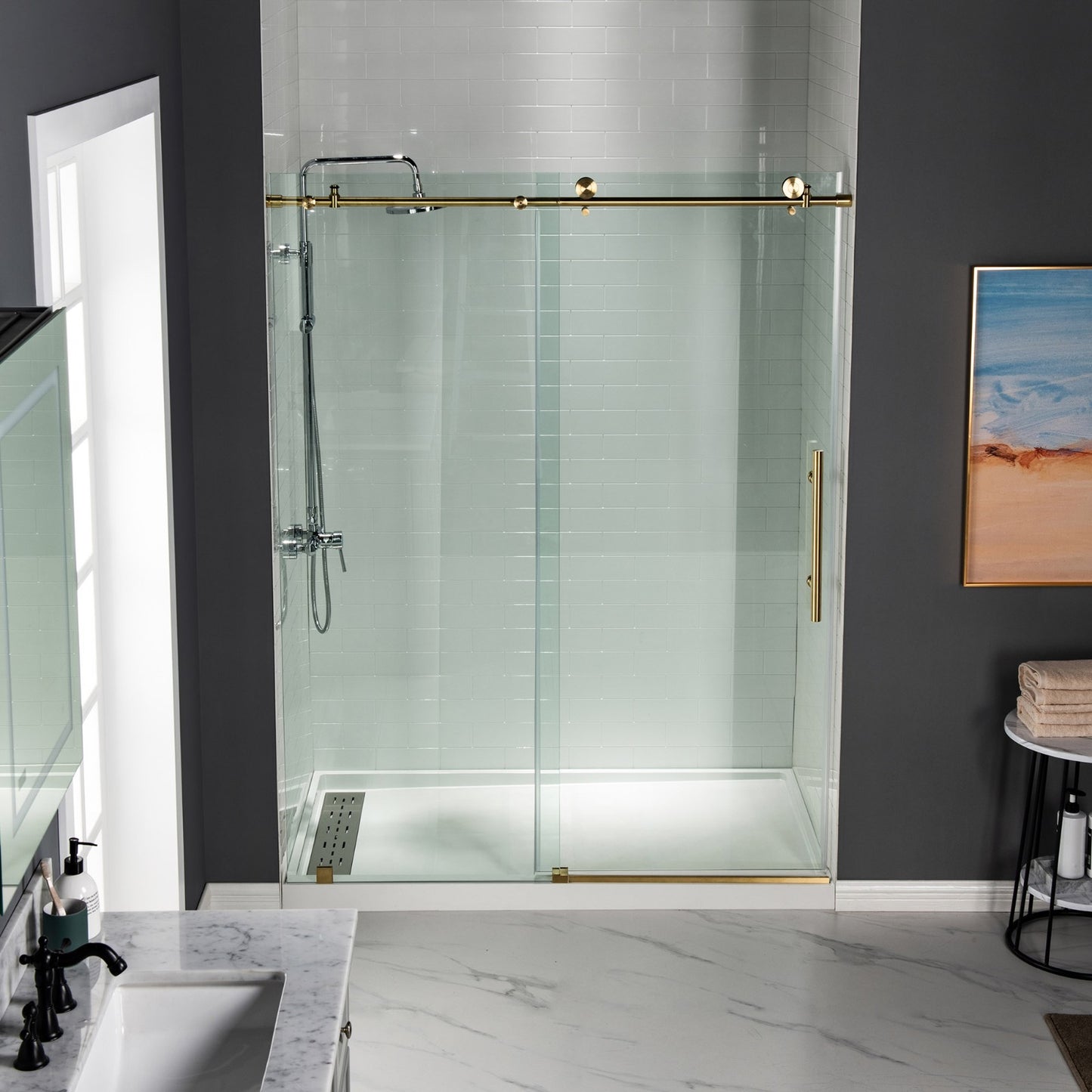 Woodbridge Frameless (44-48"W × 76"H) Clear Tempered Glass Shower Door - Brushed Gold Finish