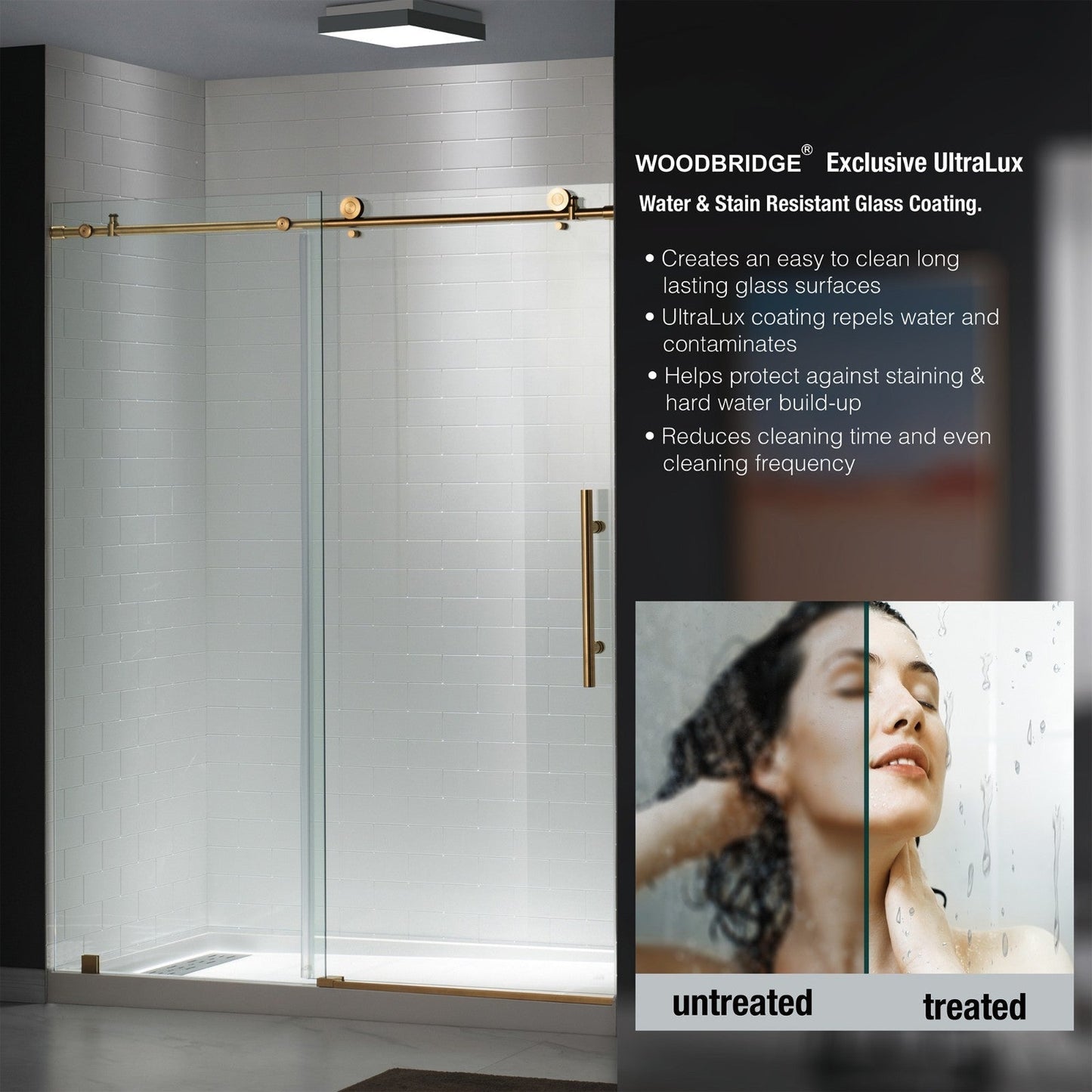 Woodbridge Frameless (60"W × 76"H) Clear Tempered Glass Shower Door - Brushed Gold Finish