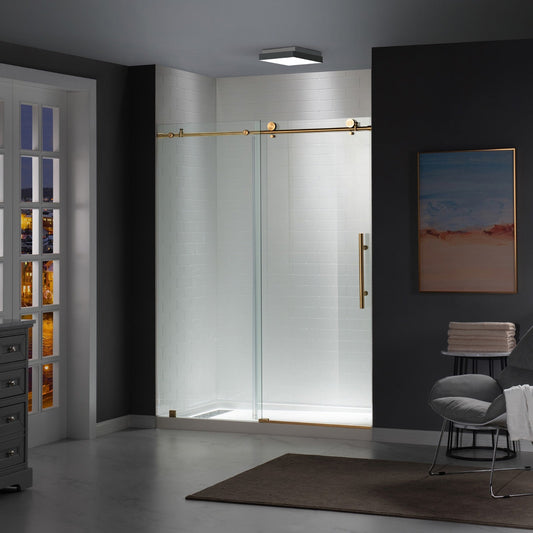 Woodbridge Frameless (60"W × 62"H) Clear Tempered Glass Shower Door - Brushed Gold Finish