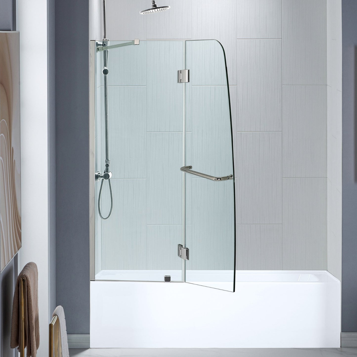 Woodbridge Frameless Hinged Bathtub 5/16 Tempered Panel (48"-3/8"W x 58"H) Glass Shower Door - Brushed Nickel Finish