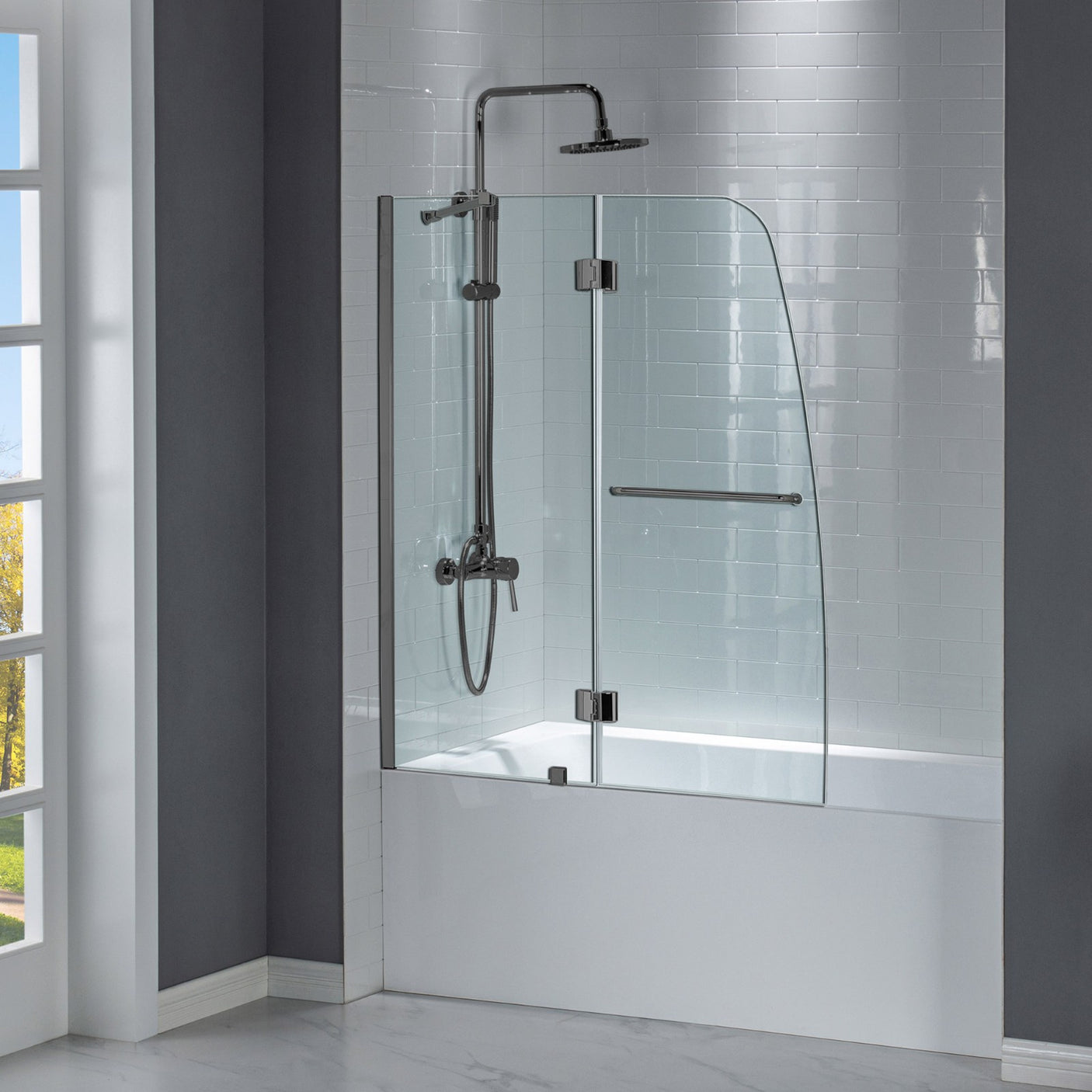 Woodbridge Frameless Hinged Bathtub 5/16 Tempered Panel (48"-3/8"W x 58"H) Glass Shower Door - Matte Black Finish