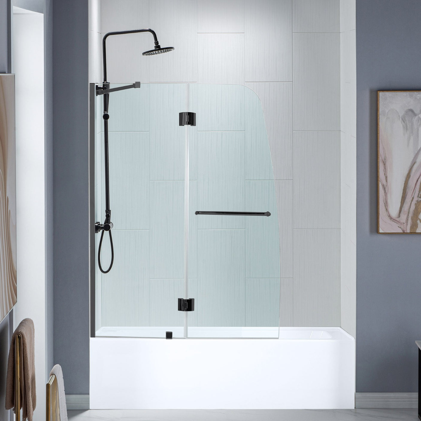 Woodbridge Frameless Hinged Bathtub 5/16 Tempered Panel (48"-3/8"W x 58"H) Glass Shower Door - Matte Black Finish