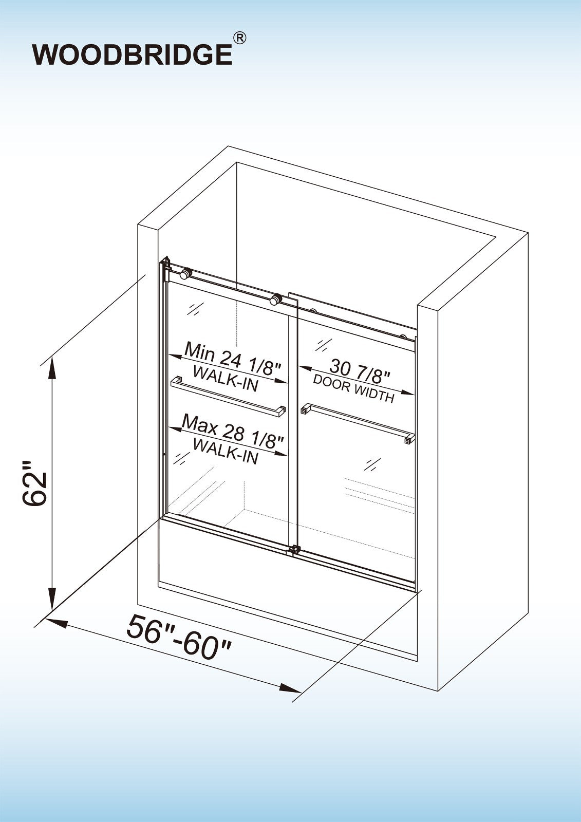 Woodbridge 2 Way Opening and Double Sliding (60"W x 62"H x 3/8"in) Frameless Bathtub Tempered Glass Shower Door